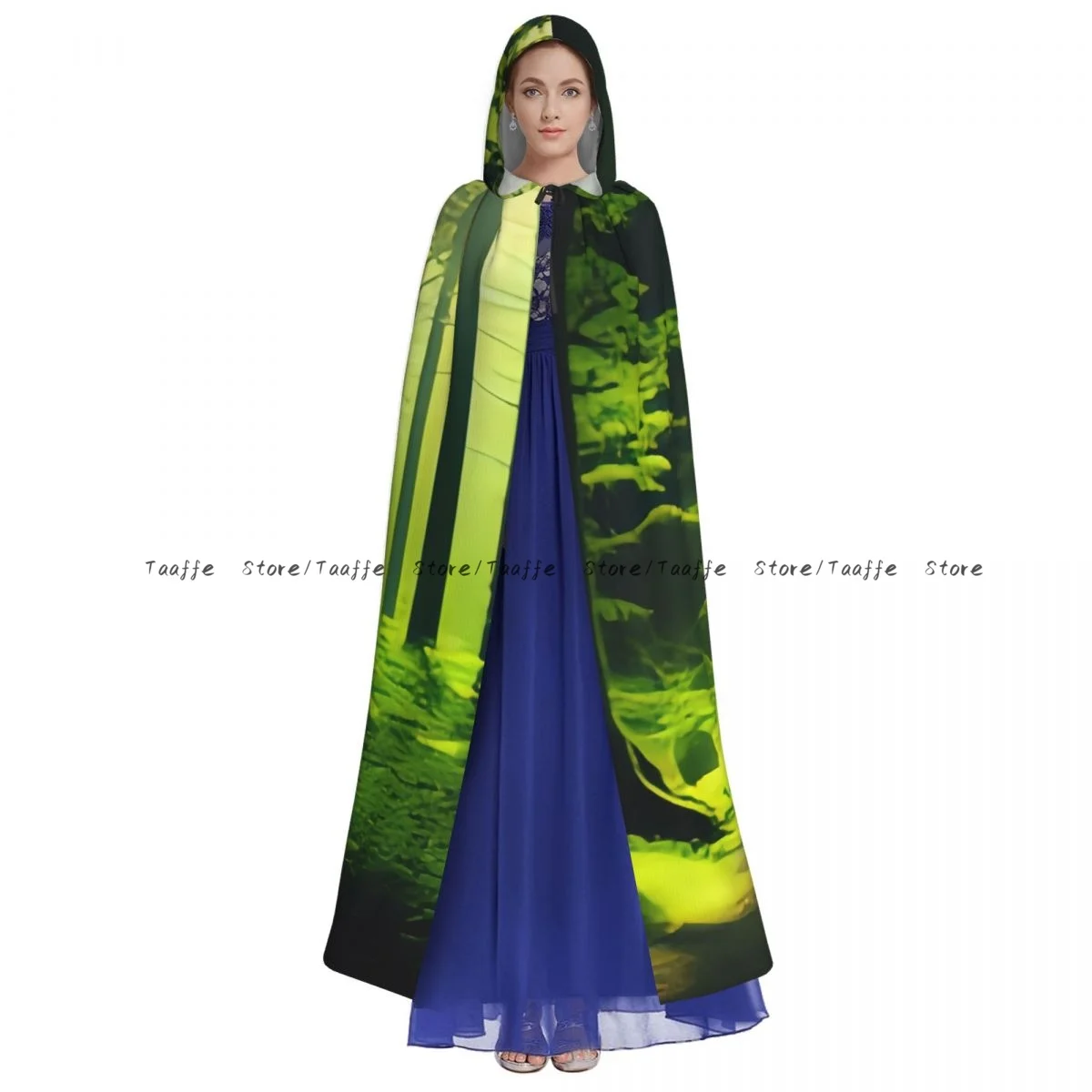 الكبار الغابات الخضراء الطبيعية الطحلب والأشجار عباءة كيب مقنعين القرون الوسطى زي الساحرة ويكا مصاص دماء هالوين فستان مُصمم حسب الطلب معطف