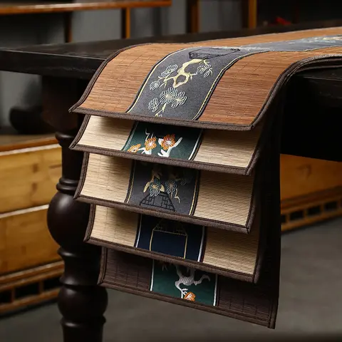 Camino de mesa de bambú Natural Jacquard bordado, tapete para té, mantel, mantel, decoración para el hogar, cafetería y restaurante