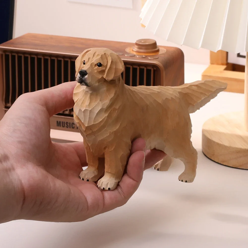 Natural Wood Handmade Golden Retriever Figurine Statue, Dog Sculpture, Desktop Ornament for Living Room Home Decor & Gift