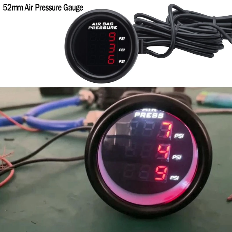 52Mm RED LED Three Display Air Pressure Gauge PSI Air Suspension With 3Pieces 1/8NPT Electrical Sensors