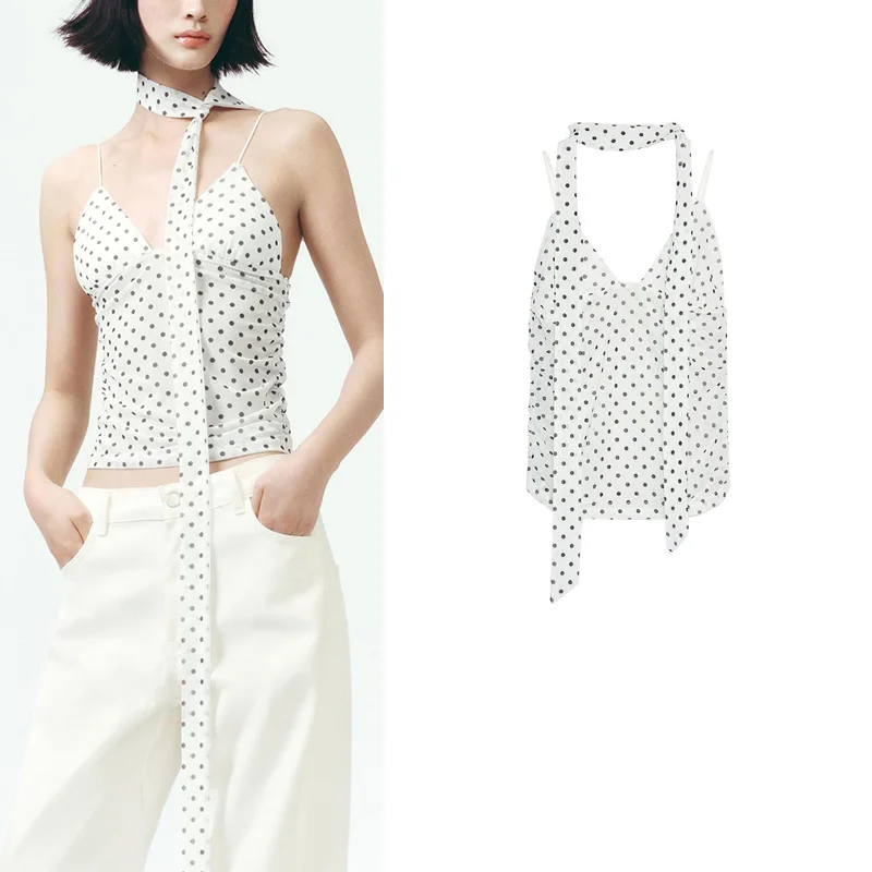 

Новинка лета: Простой топ с V-образным вырезом и декоративным шарфом в горошек, романтичный, женский, модный, из полиэстера, с защитой от УФ-излучения