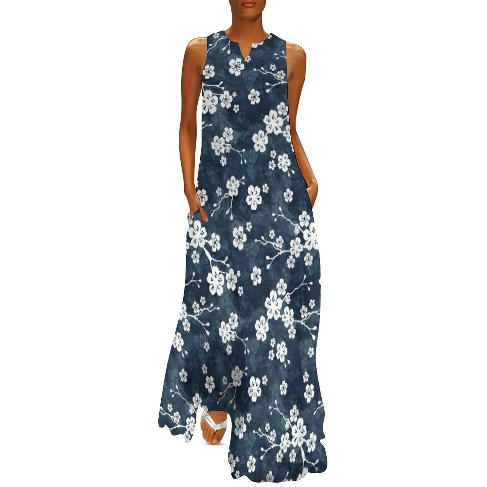 

Navy and white cherry blossom pattern Long Dress fairy dress womens clothing Prom gown women's clothing trend 2025