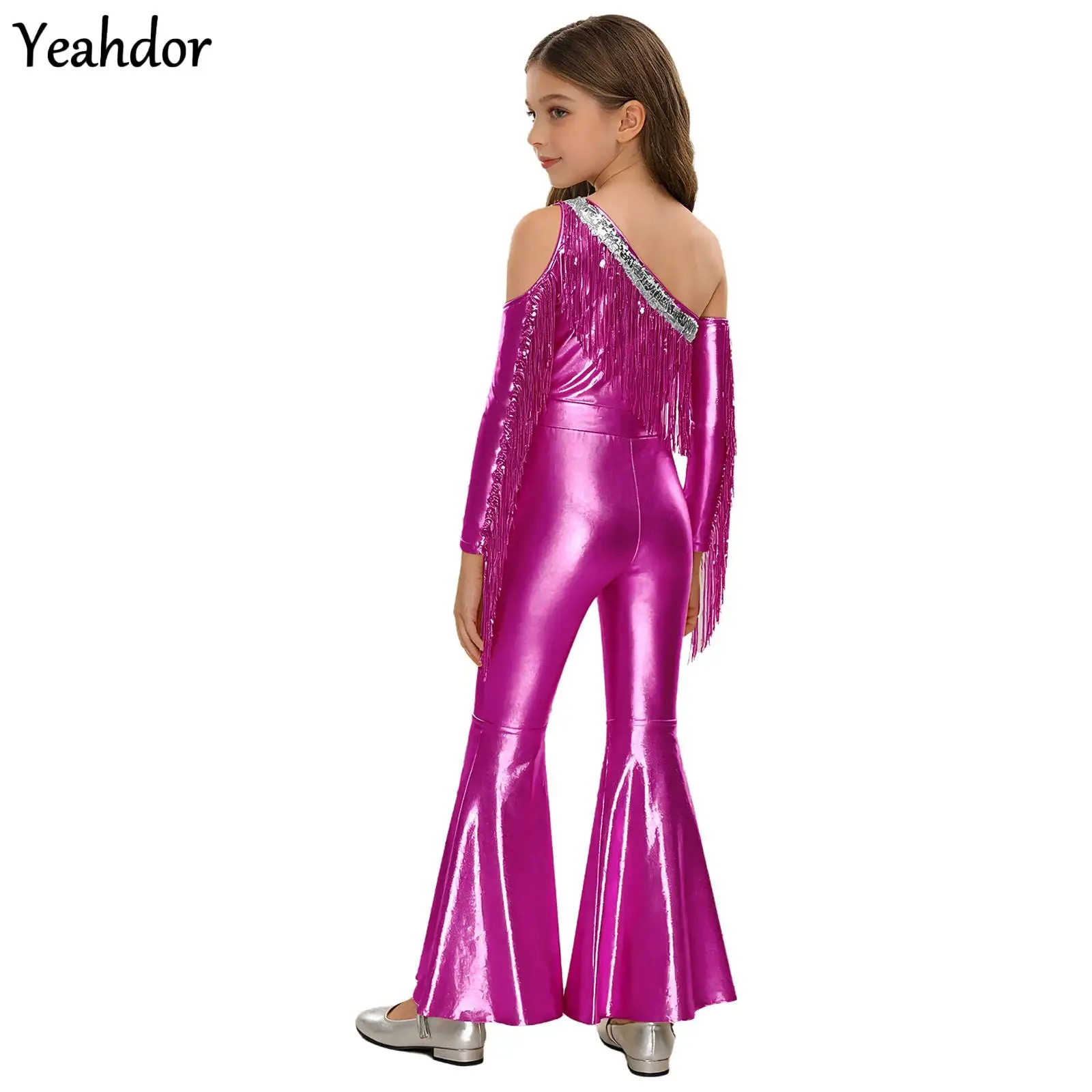 

Girls 70S Disco Jazz Dance Costume Jumpsuit One Shoulder Metallic Shiny Long Sleeve Sequin Tassel Bell Bottom Pageant Rompers