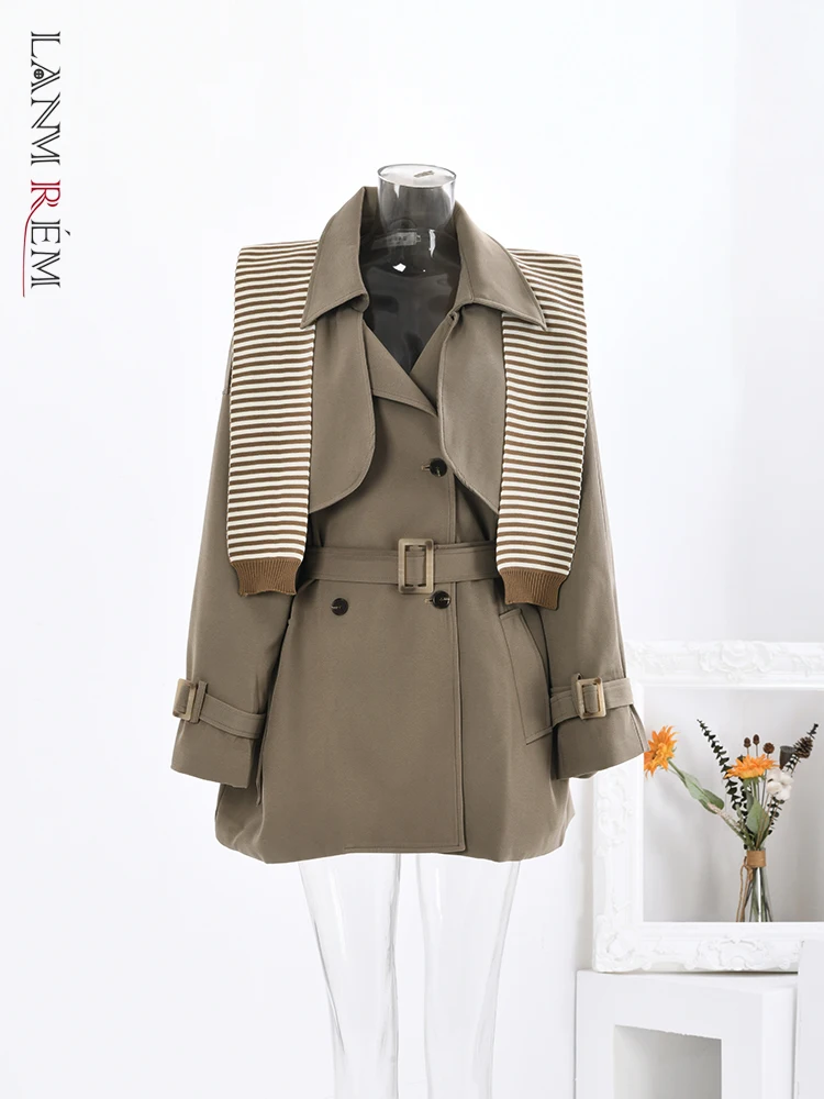 

LANMREM Vintage Knitted Shawl Spliced Trench Coat Women Belt Double Breasted Mid Length Windbreaker Fashion 2024 New 2DA1777