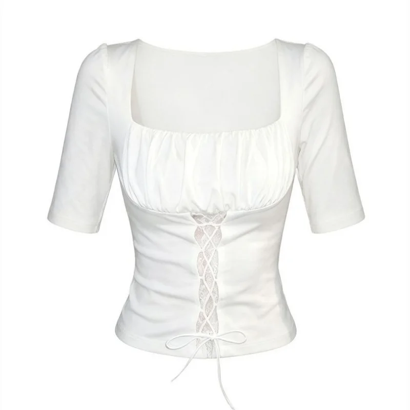 Sexy 2000s Lace Patchwork Bandage Bodycon Square Collar Short Sleeve Elegant T-Shirt Women Clothing Y2k Solid Color Tops Tee