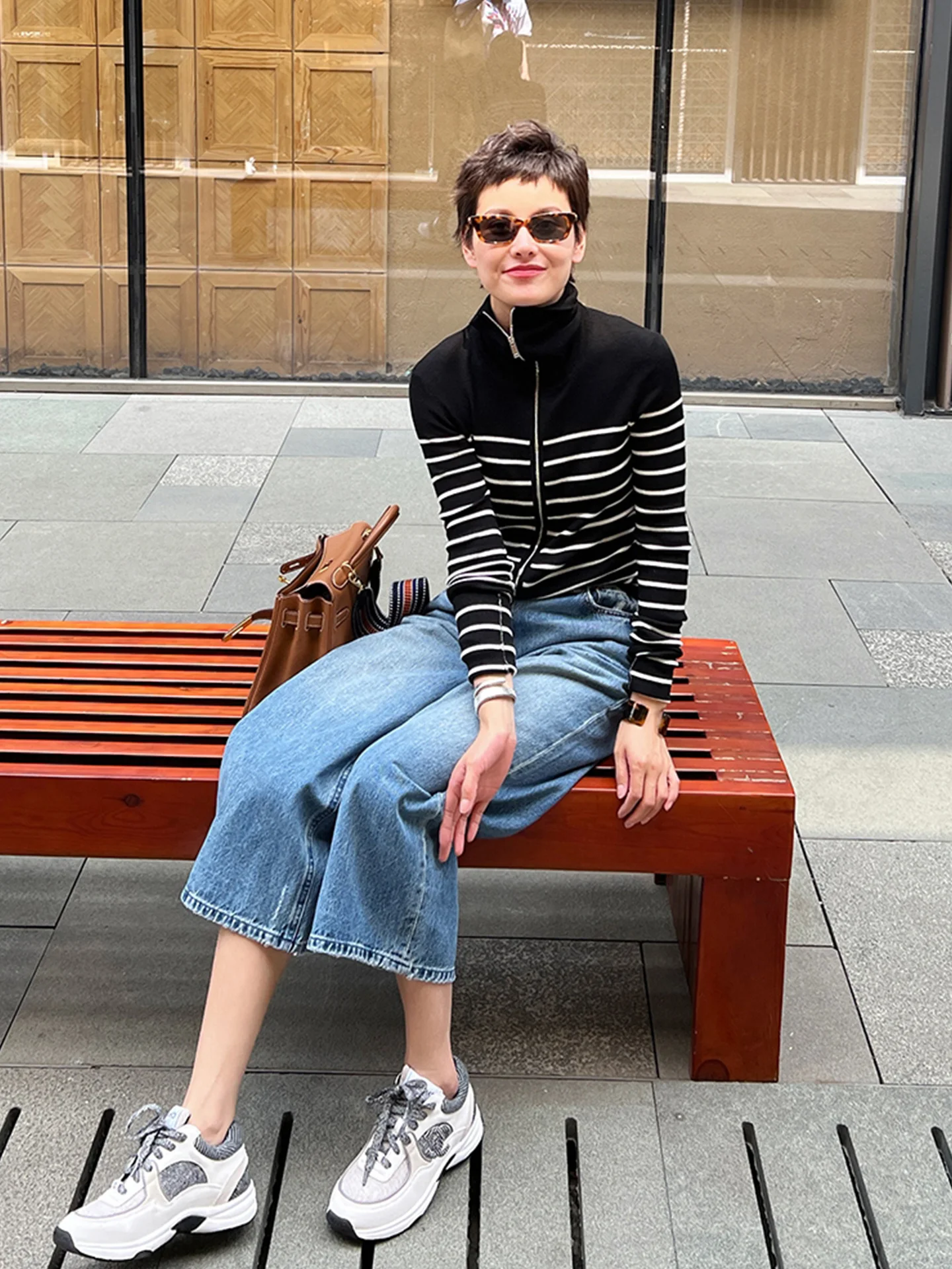 سستة تخفيف طويلة Sve سترة مشغولة من الصوف اللون بلو مخطط قاعدة irt عادية الكورية Sle المرأة Faion الخريف الأعلى