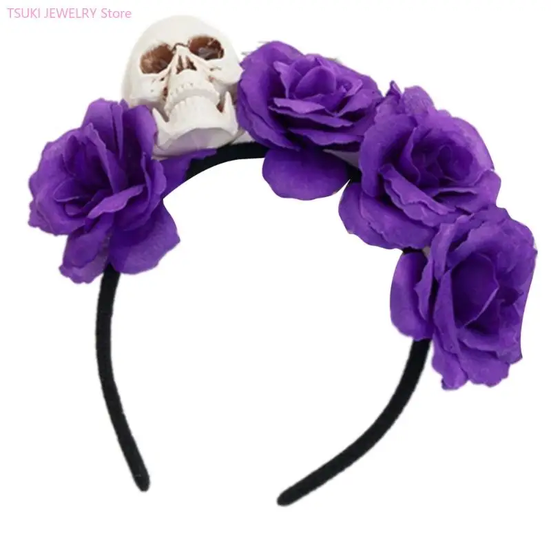 62KE Halloween-Schädel-Blumen-Stirnbänder, Gothic-Party-Haar-Accessoire für Damen, Herren, Kinder