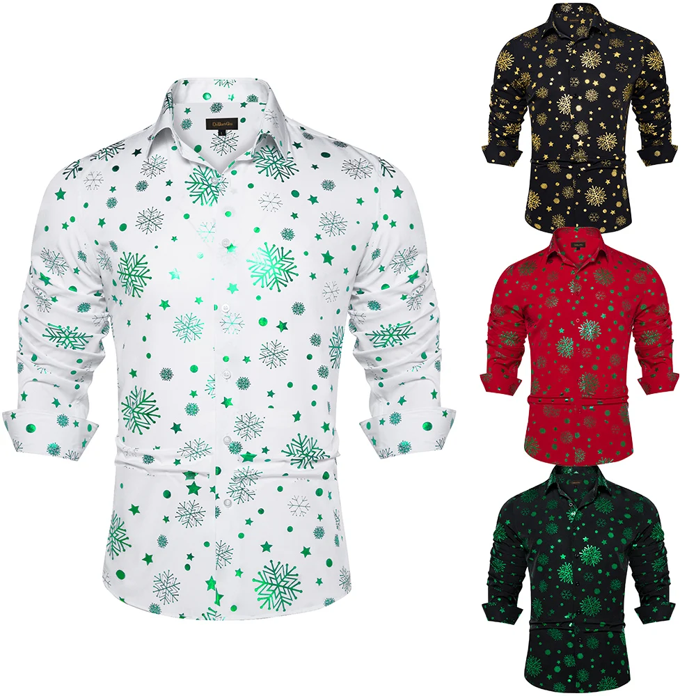 Camisa de manga larga para hombre, camisa de vestir con cuello abotonado, blusa con patrón de copo de nieve, color verde, rojo y negro, navidad