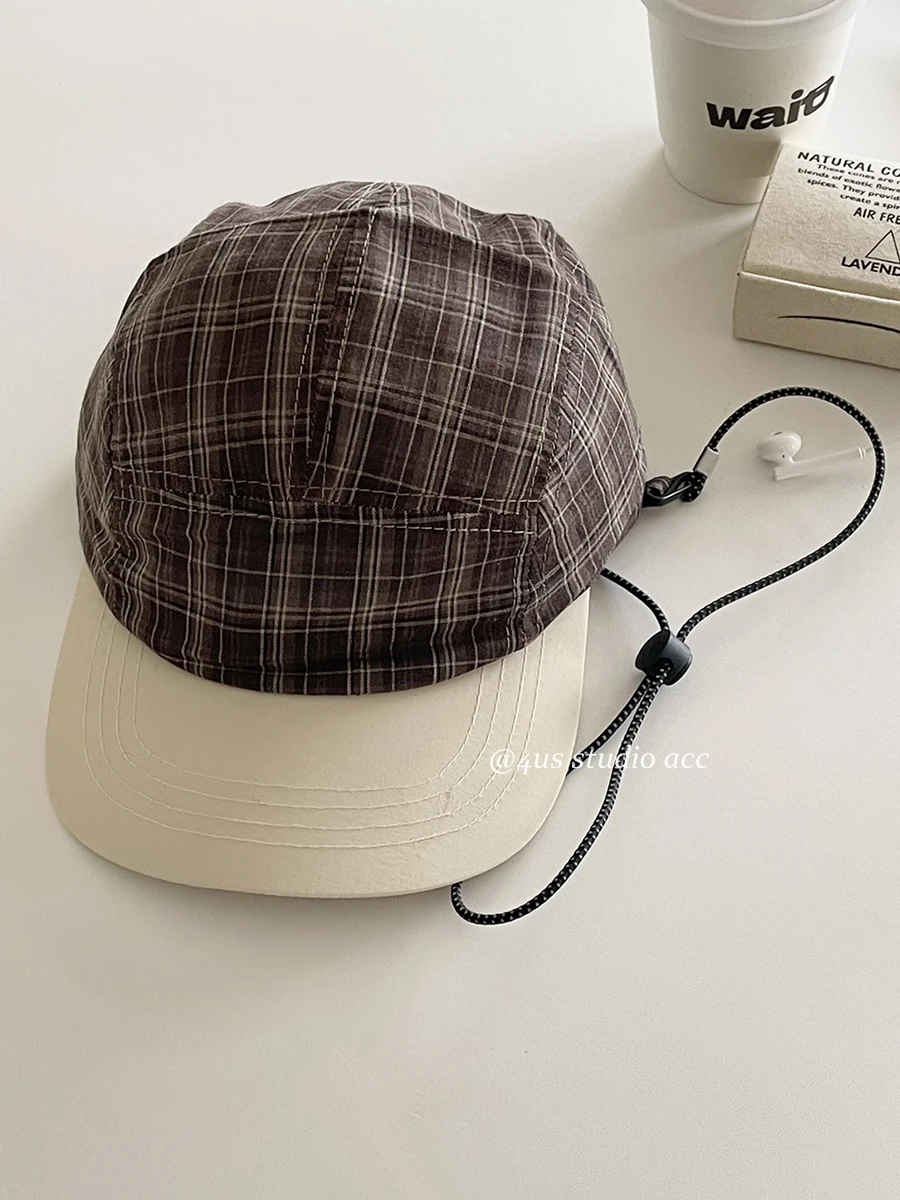 

Outdoor trendy brand drawstring baseball cap children's Korean version summer quick-drying plaid sunshade cap shows small face