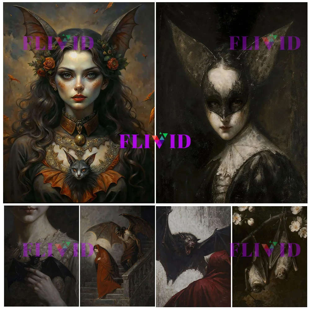 Dark Gothic Bat-Themed Wall Art Canvas Painting,Victorian Vampire & Mythical Creature Art Poster and Print Home Decor
