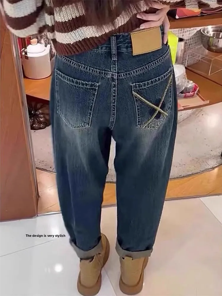 

plus Size High Waist Fleece Lined Denim Jeans Women's Loose Dad Style Straight Leg Old Fashioned Cuff Trousers