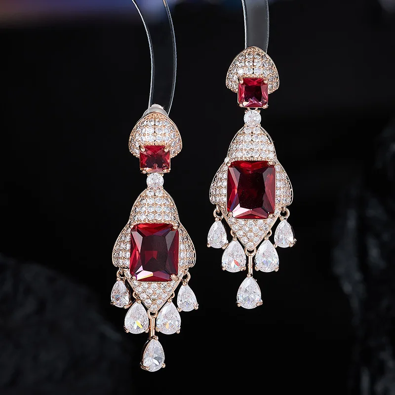 

Elegant Red Rhinestone Drop Earrings for Women Crystal Tassel 925 Sterling Silver Posts Bridal Wedding Banquet Luxury Gift