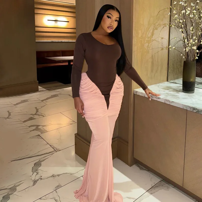 

Pleated Patchwork Dress Evening Club Wear Dresses 2025 Women Fall Winter Clothes Luxury Outfits Sexy Bodycon Maxi Party Dress