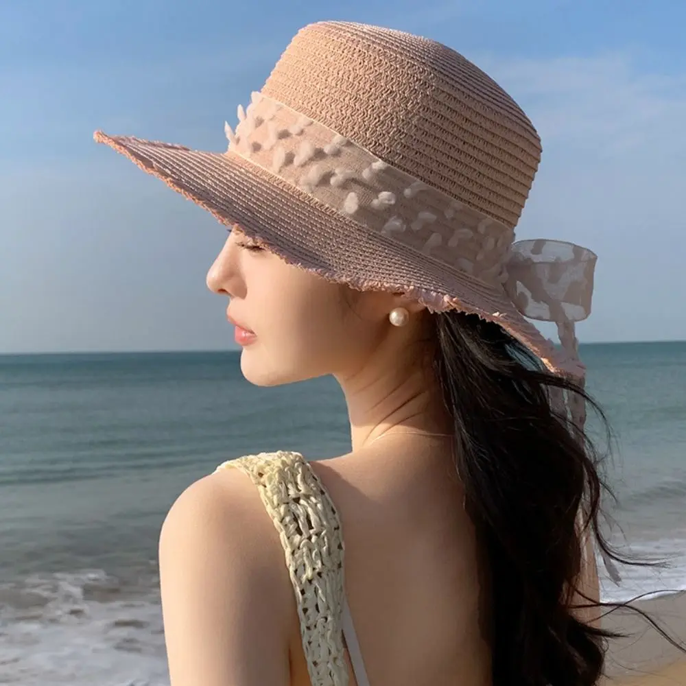 Fashion Large Brim Wide Brim Summer Sun Hat Lace Bowknot Anti UV Sunshade Cap Breathable Adjustable Straw Hat Outdoor