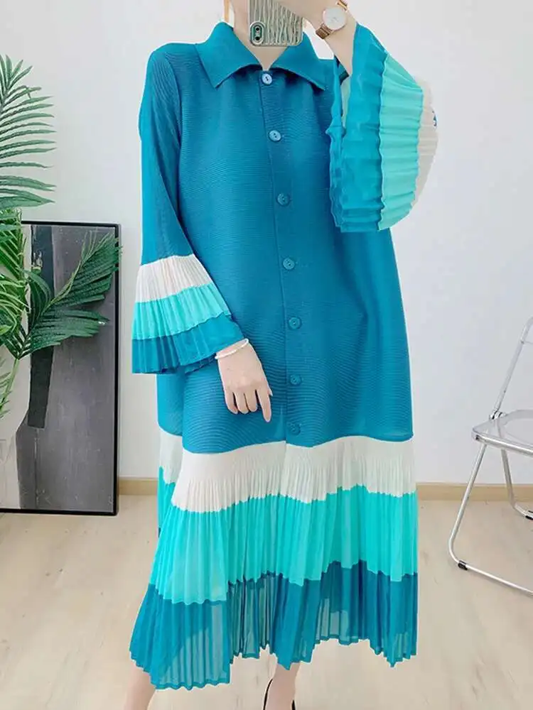 LANMREM vestido plisado a rayas de Color contrastante para mujer, vestidos largos sueltos con solapa y mangas acampanadas de un solo pecho, primavera 2025, 2AA4365
