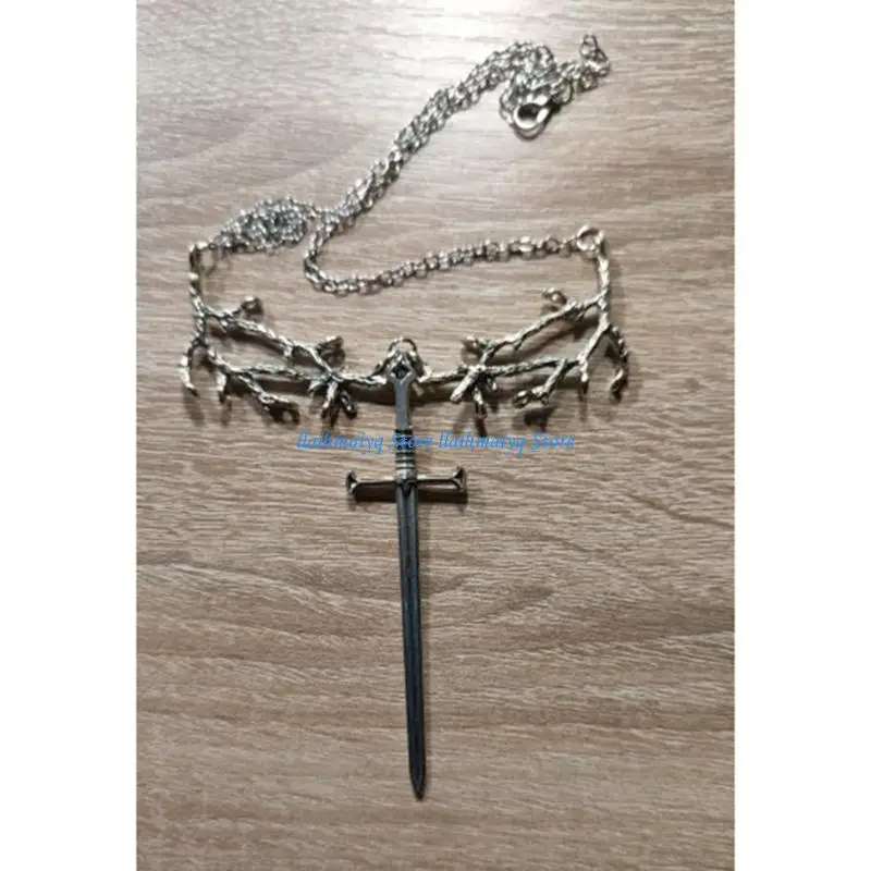 573B Medieval-Tree Branch Necklace with Sword-Pendant Viking-Jewelry Gift Fashion Sword-Charm Choker Chain Necklace Ornament