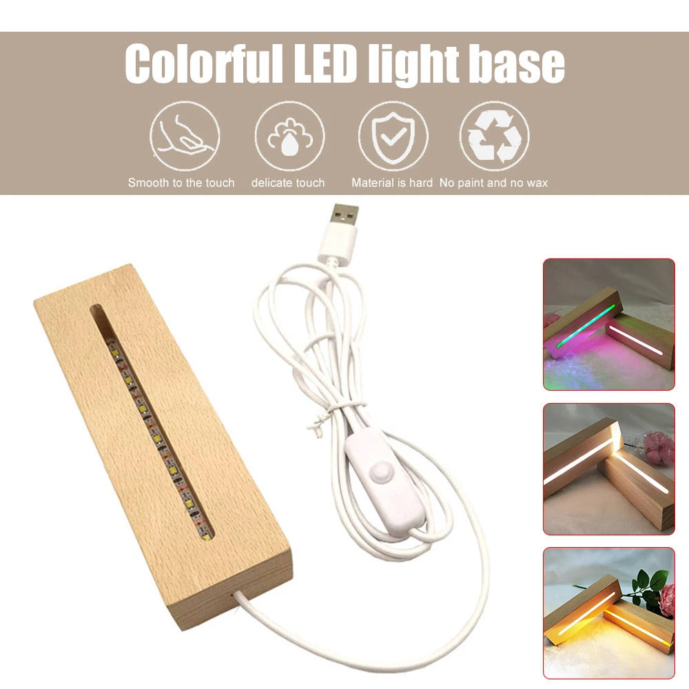 LED Wood Display Lamp Base Rectangle Woode Base Stand 3D Acrylic Crystal Glass Night Light Holder For Bedroom Art Craft Decor