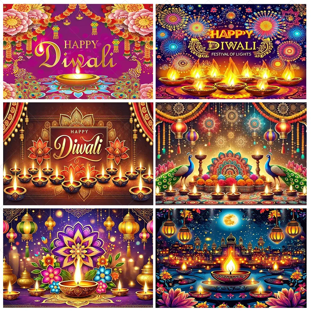 

Happy Diwali Festival Backdrop Supplies Indian Traditional Deepavali Burning Light Candle Background Party Decor Photo Studio