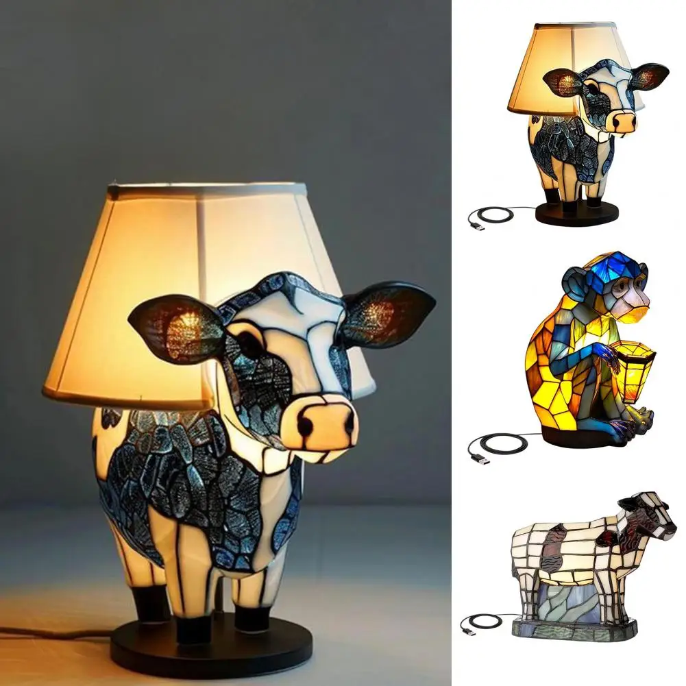 Cow Table Lamp Vintage Style USB Operated Bedroom Nightstand Bedside Resin Monkey Bull Animal Night Light Desk Decor For Gift