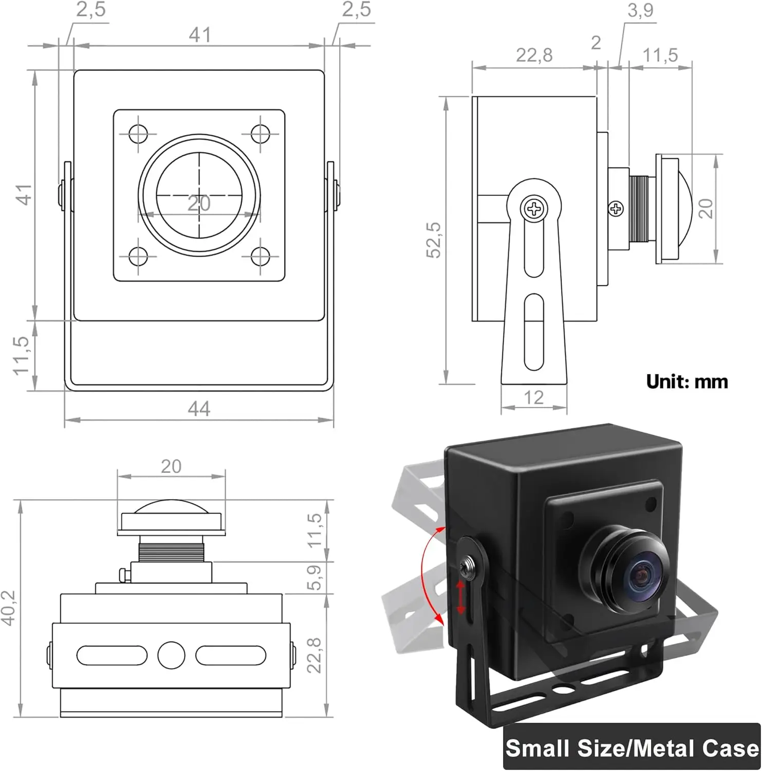 ELP 5MP 30fps USB Camera Wide Angle Fisheye Webcam IMX335 Sensor Industrial Camera with Metal Case for PC Computer Laptop