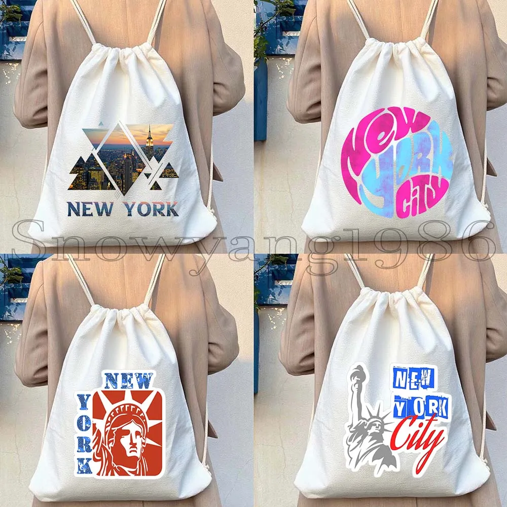 America New York Skyline Statue of Liberty Brooklyn Bridge NYC USA Gift Canvas Drawstring Bags Soccer Backpack Gym Yoga Sackpack