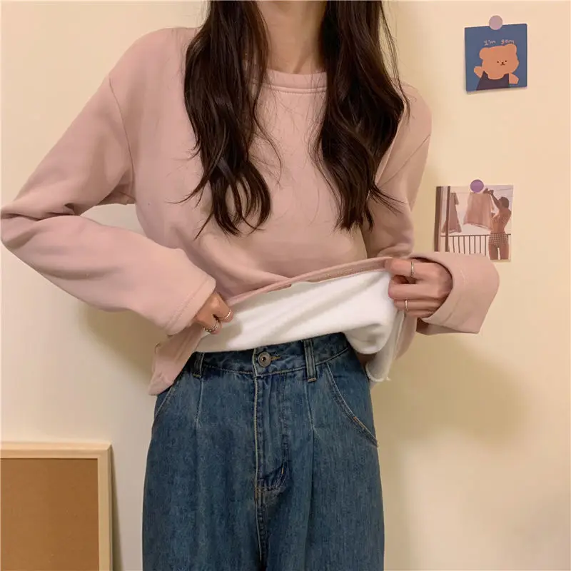 Warm Top Women's Solid Color Loose Thickening Warm Inside Long-sleeved Autumn and Winter Bottoming Long-sleeved Bottoming Shirt