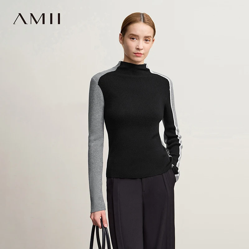 

Amii Pullover Sweater 2025 Winter New Casual Half High Collar Slim Asymmetrical Contrasting Sweater Women's Inner Top 12524119