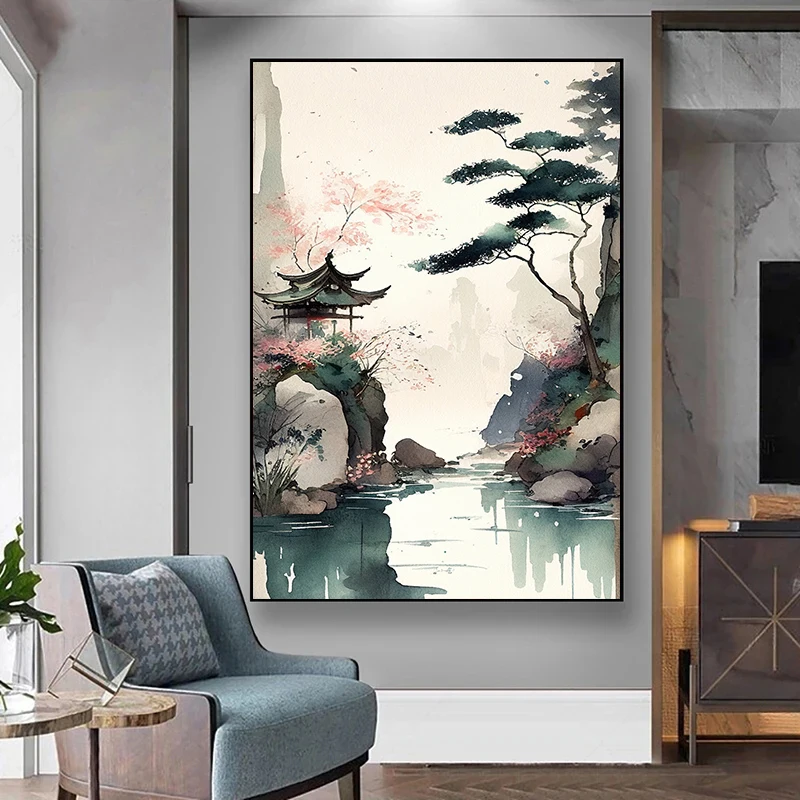 Japanese Zen Landscape Poster Bonsai Tree Peaceful Pagoda Temple Cherry Blossom Canvas Painting Wall Art Pictures Home Decor