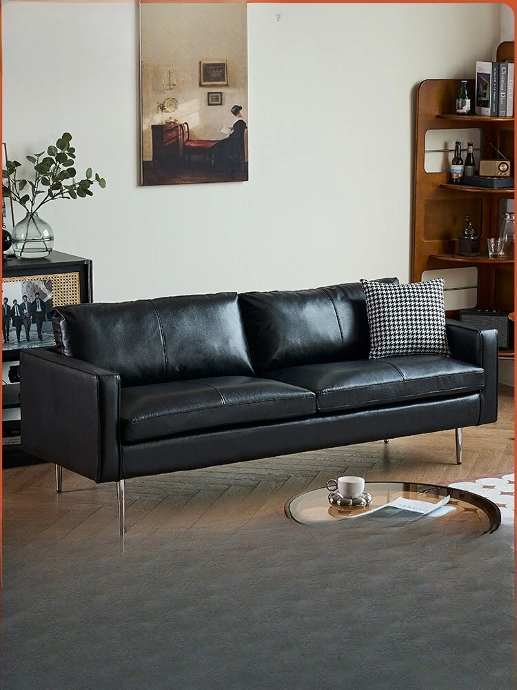 

Leather art sofa small apartment small living room clothing store sofa sitting area reception medieval retro black double sofa