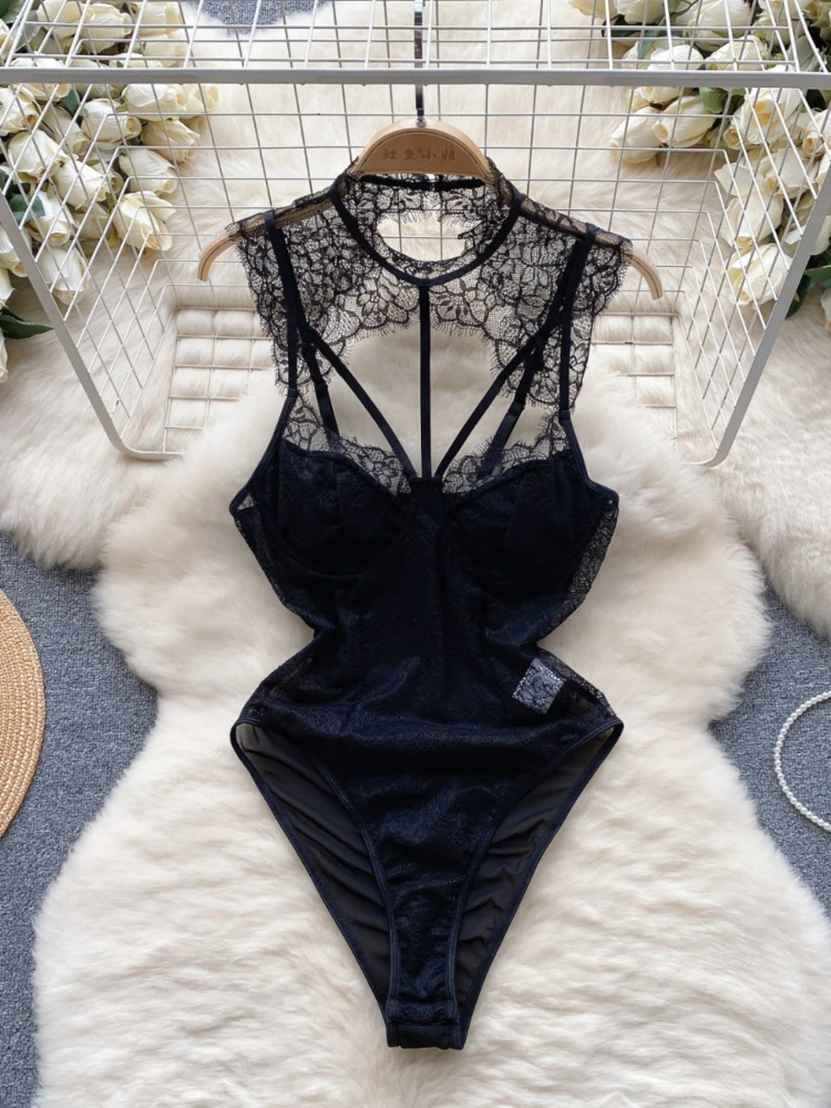 French Black Jumpsuit Women Spring Autumn Lace Mesh Tight Retro Bodysuits Female Elegant Sexy Club Party Romper