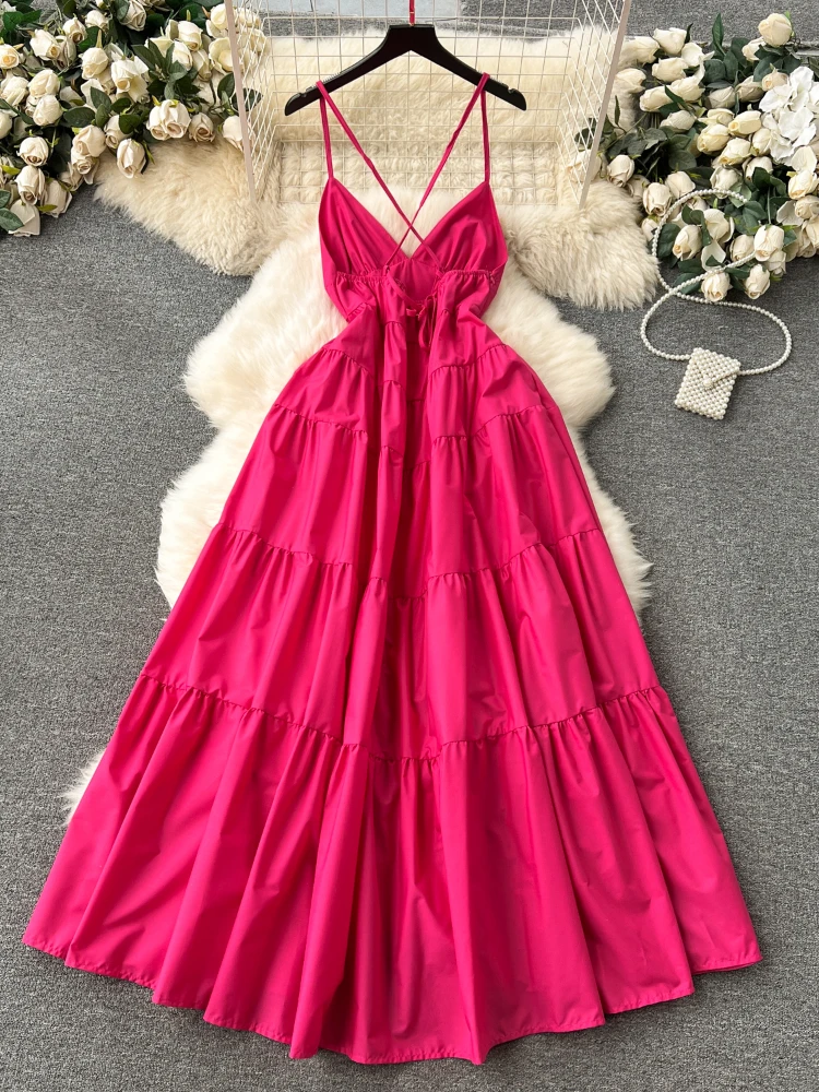 Summer Elegant Beach Dresses Women Sexy V-neck Backless Slim Long Dress Ladies Vintage A-line Sleeveless Long Robe Vestidos