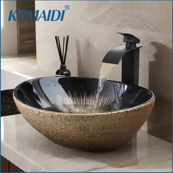 KEMAIDI Oval Vessel Sink with Faucet White Marbling Bathroom Vessel Sinks Above Counter  Ceramic Vessel Sinks for Bathroom Mixer