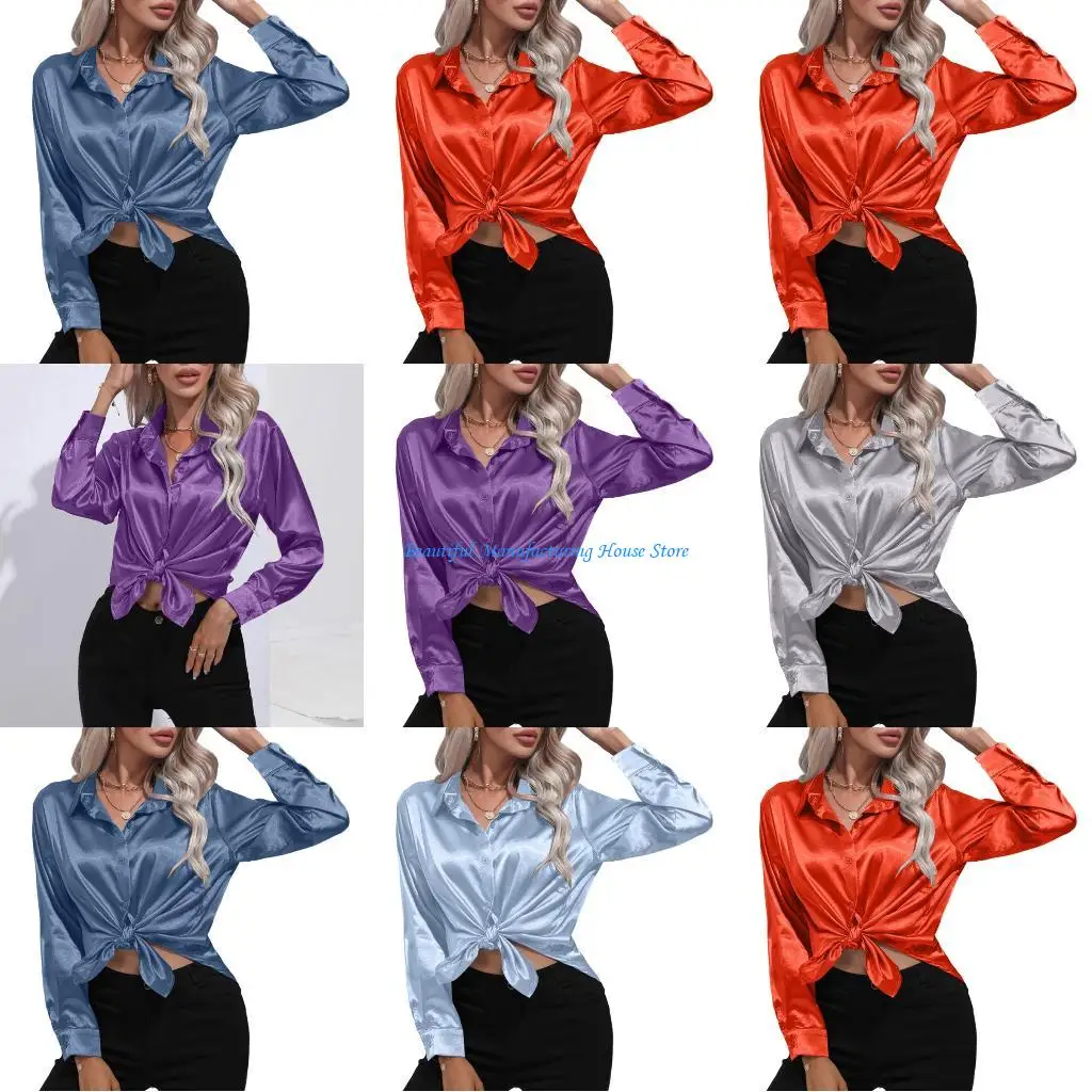 

E56A Women's satin blouse, casual long sleeves, button closure, silk fabric, suitable for business, work, and belted outerwear.