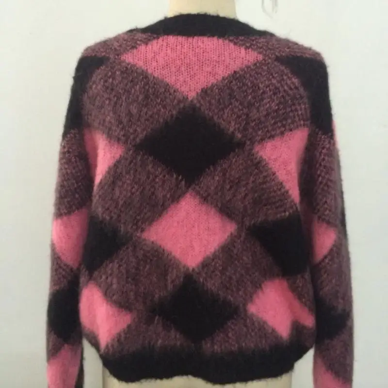 Emily In Paris Same Vintage Pullover Wool Knitted Loose Sweaters Pink Black Plaid Long Sleeve Women 2023 Spring New Top