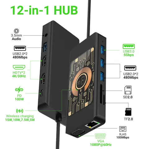 고팔라 맥북 델 XPS HP용 USB C 어댑터 허브 2 개, HDTV VGA 무선 충전기 4 개, USB 이더넷 PD 100 W, 12 인 1