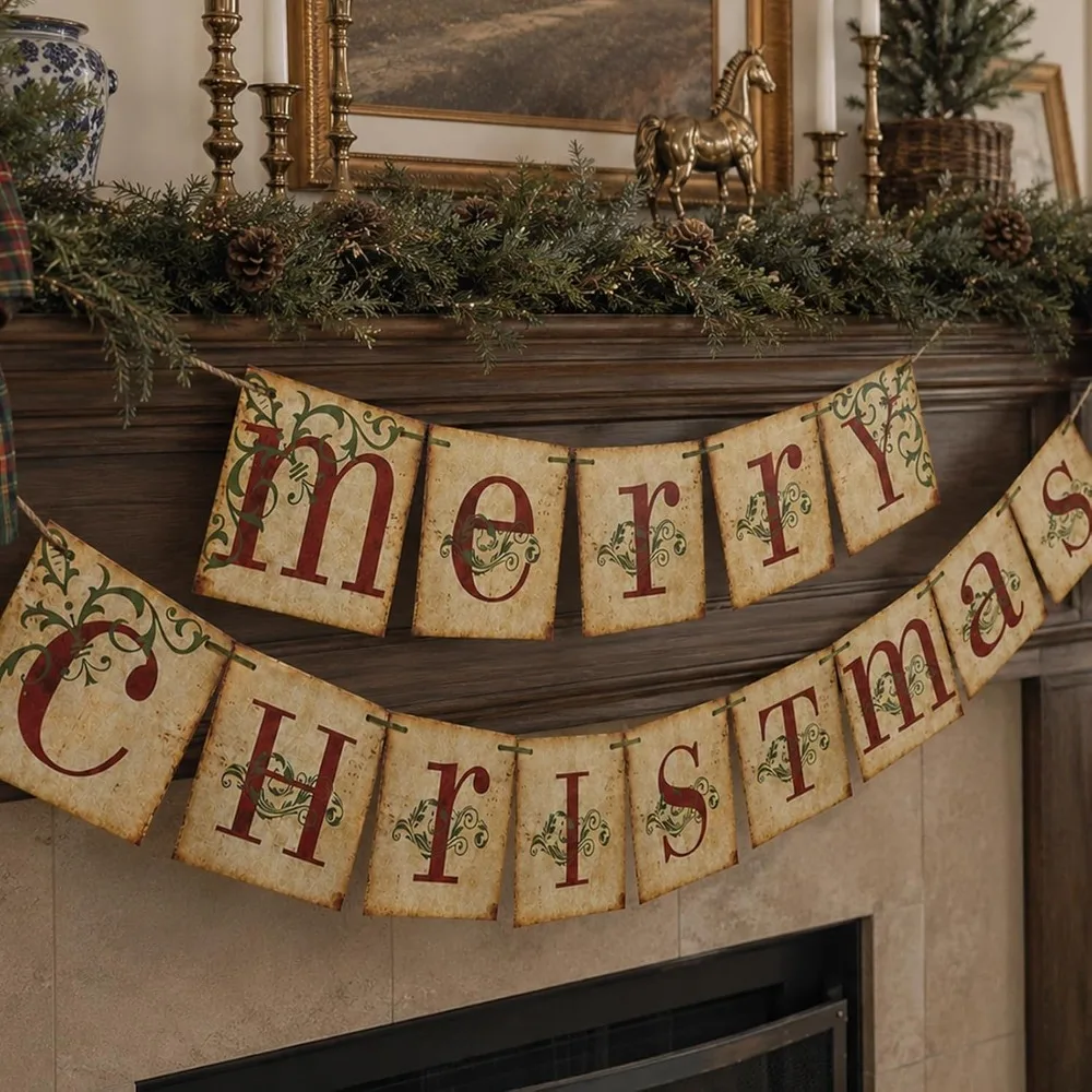 Merry Christmas Banner Hanging Design Banner Vintage Sign Gothic Home Decor Party Wall Decoration Christmas Decor Party Supplies