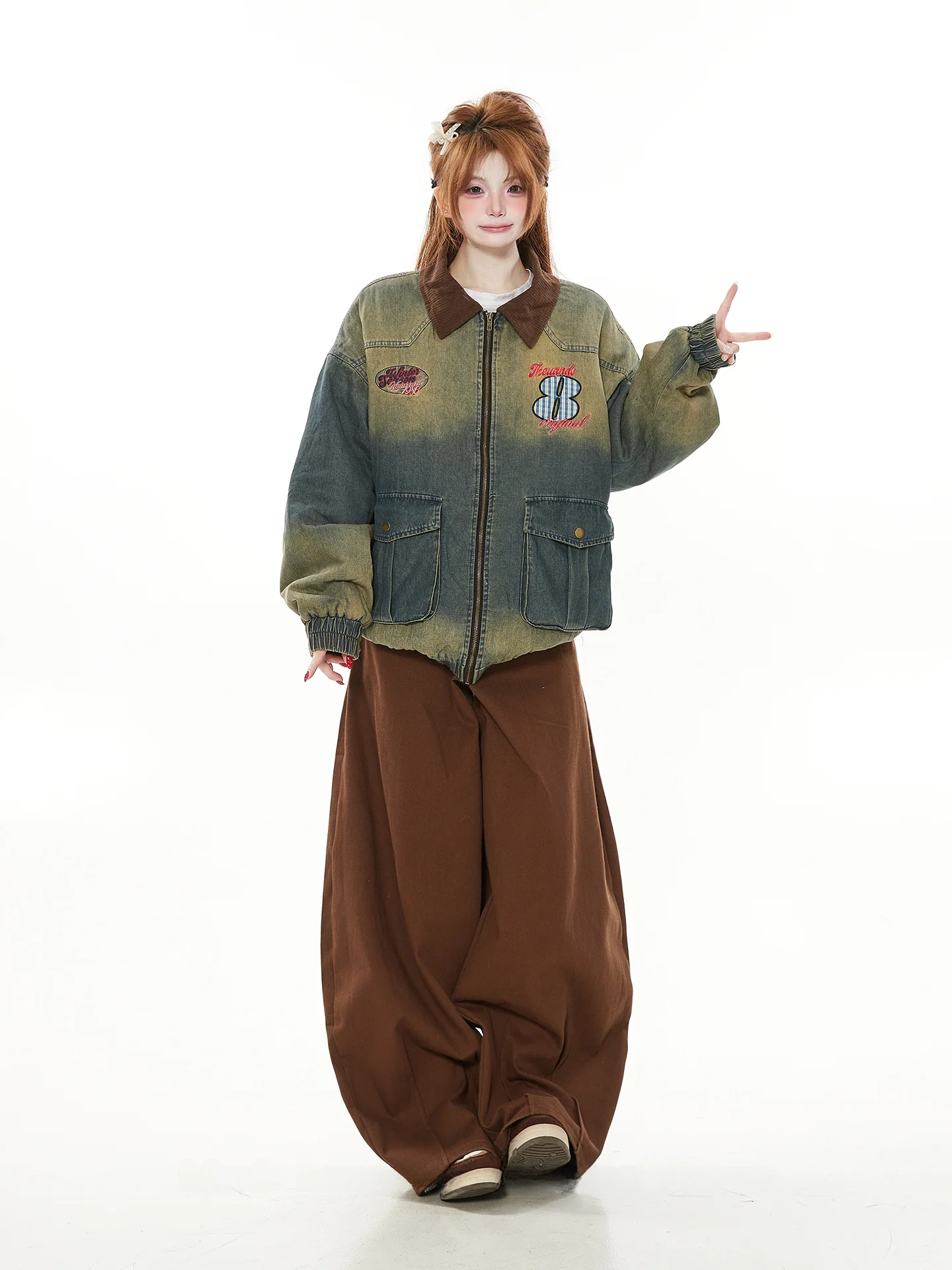 

Retro American Waed Tie Dye Denim Jaet Women's Spring Autumn Loose Casual Couple's Jaet Trendy Commute Sle Embroidere...