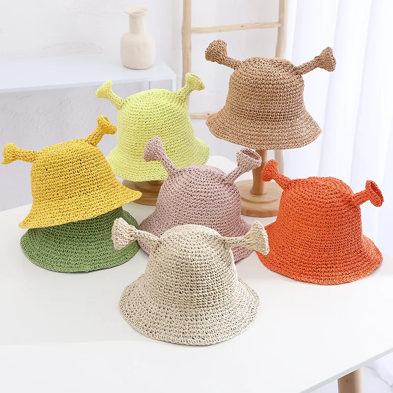 straw hat for kids summer girl beach hat children's sun hat boy summer new straw hat 2 to 8 years old Shrek funny hat