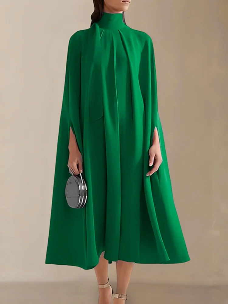 Uoozee Elegant Vintage Batwing Sleeves High-Neck Evening Dresses Women 2024 New Spring Solid Color Lace-Up Pleated Cape Dress