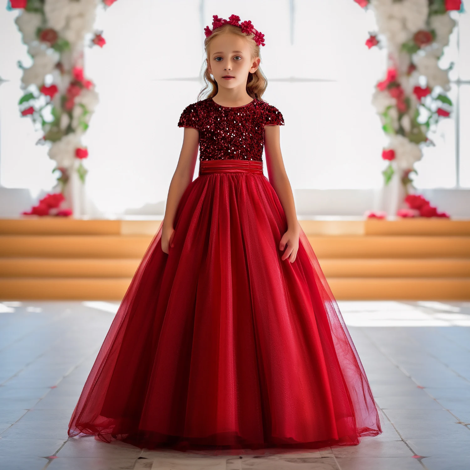 Girls Red Christmas Party Dress Sequins Wedding Princess Dress Girl Bridesmaid Long Dress Children Ceremony Event Gowns 5-14 Yrs