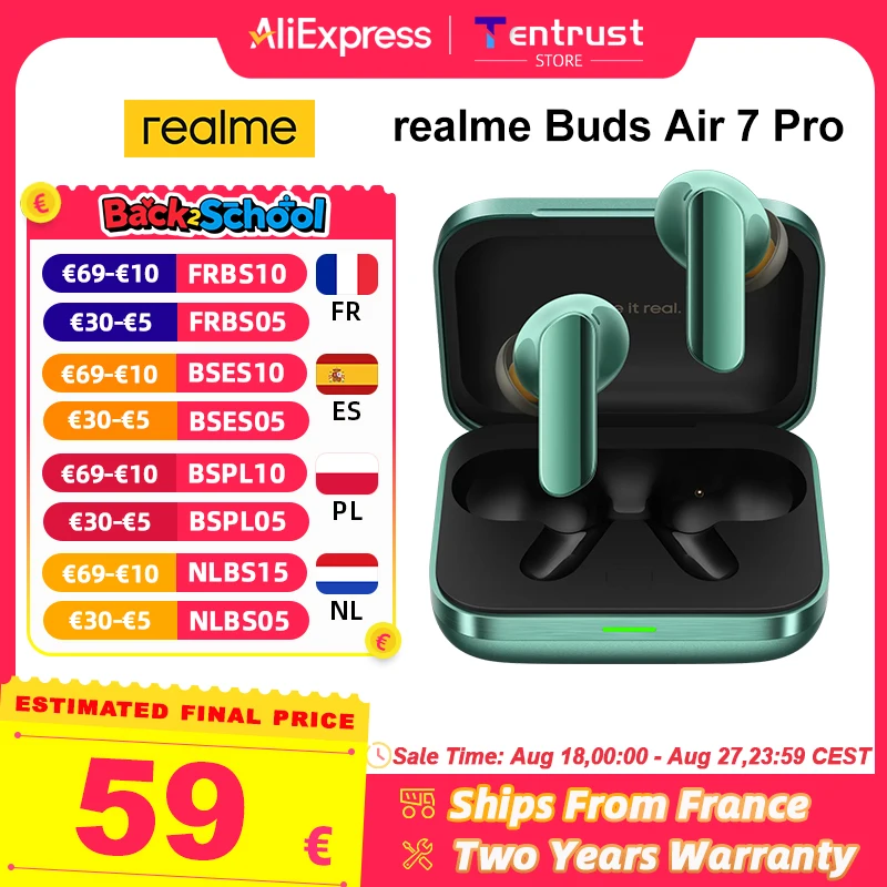 Versione globale realme Buds Air 7 Pro Auricolare wireless 53dB Cancellazione del rumore in tempo reale Bluetooth 5.4 Riproduzione fino a 48 ore