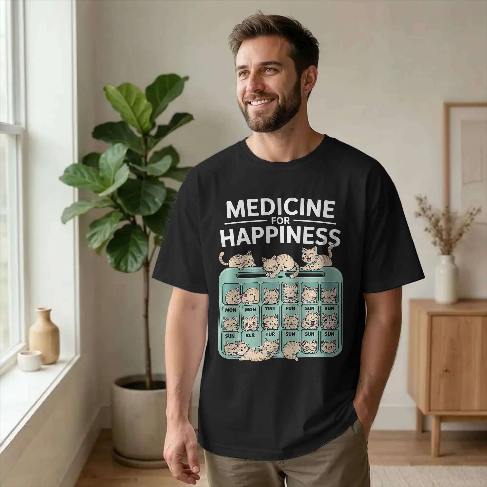 Cats Every Day  T Shirt Happiness Medicine 100% Cotton Clothing Vintage Short Sleeve Round Collar Tees Plus Size T-Shirt