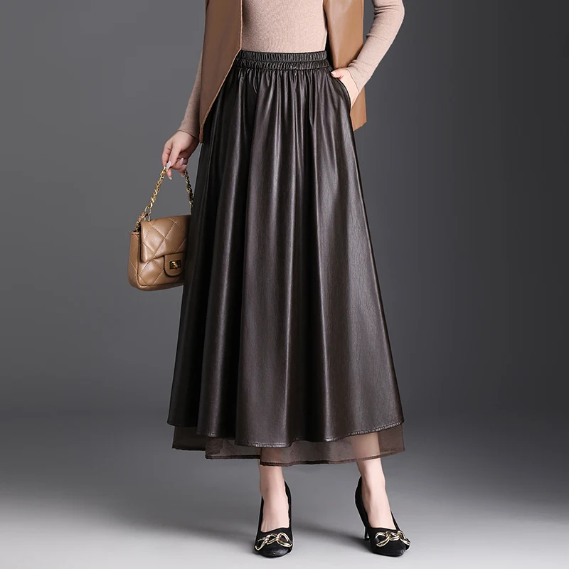 

Retro Sle High Waist PU Leather f Skirt Women's Autumn Winter New Sle A-Line Skirt with Me Splicing Slimming Effect