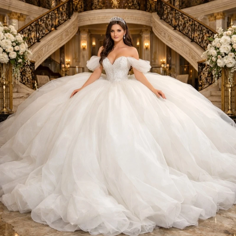 

White Shiny Quinceanera Dresses Off The Shoulder Beading Crystal Bow Tiered Tull Party Birthday Sweet 16 Dress Vestidos 15 Anos