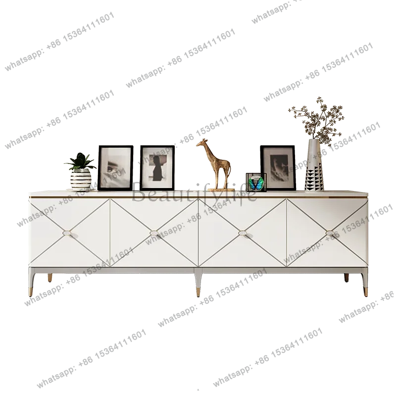 FG11American light luxury TV cabinet ivory white piano paint European villa living room storage solid wood floor cabinet