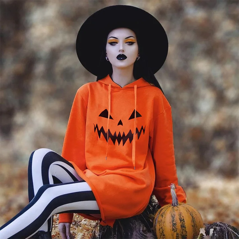 2024 Autumn Halloween Joker Printed Hoodie Dress Women Hooded Drawstring Long Sleeve Loose Casual Cosplay Festival Dresses