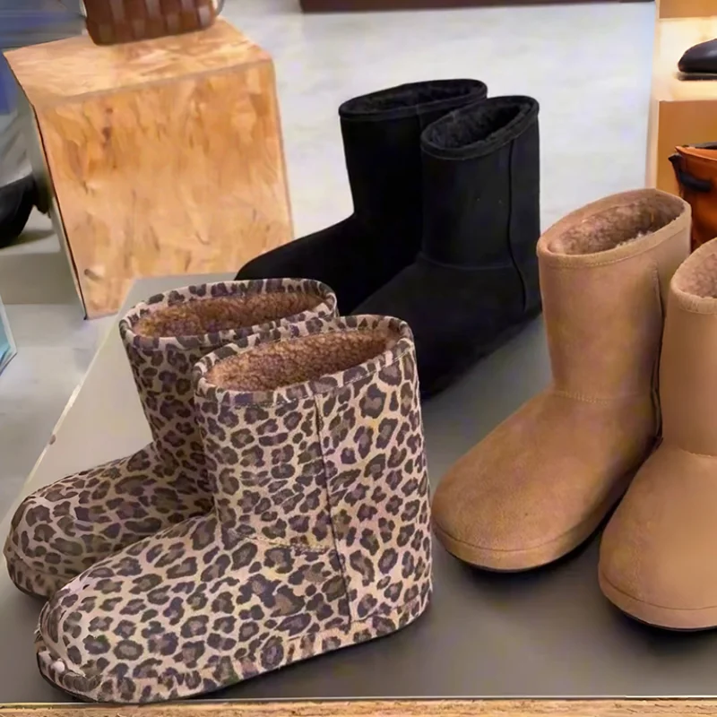 

Women's Leopard Print Snow Boots For Winter Branded Warm Thick Mid-calf Boots European Trend Women Comfortable Flat Cotton Boots