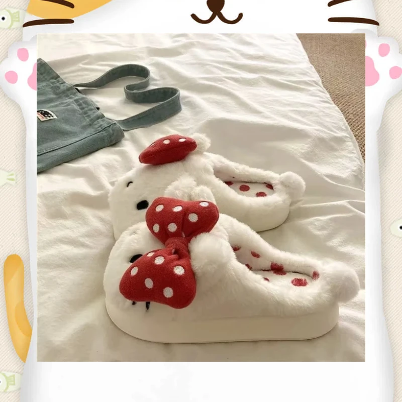 Kawaii Sanrio Hello Kitty Polka Dot Kt Cat Cute Ins Style Cartoon Slippers Red Bow Indoor Home Warm Fur Shoes Girlfriend Gifts