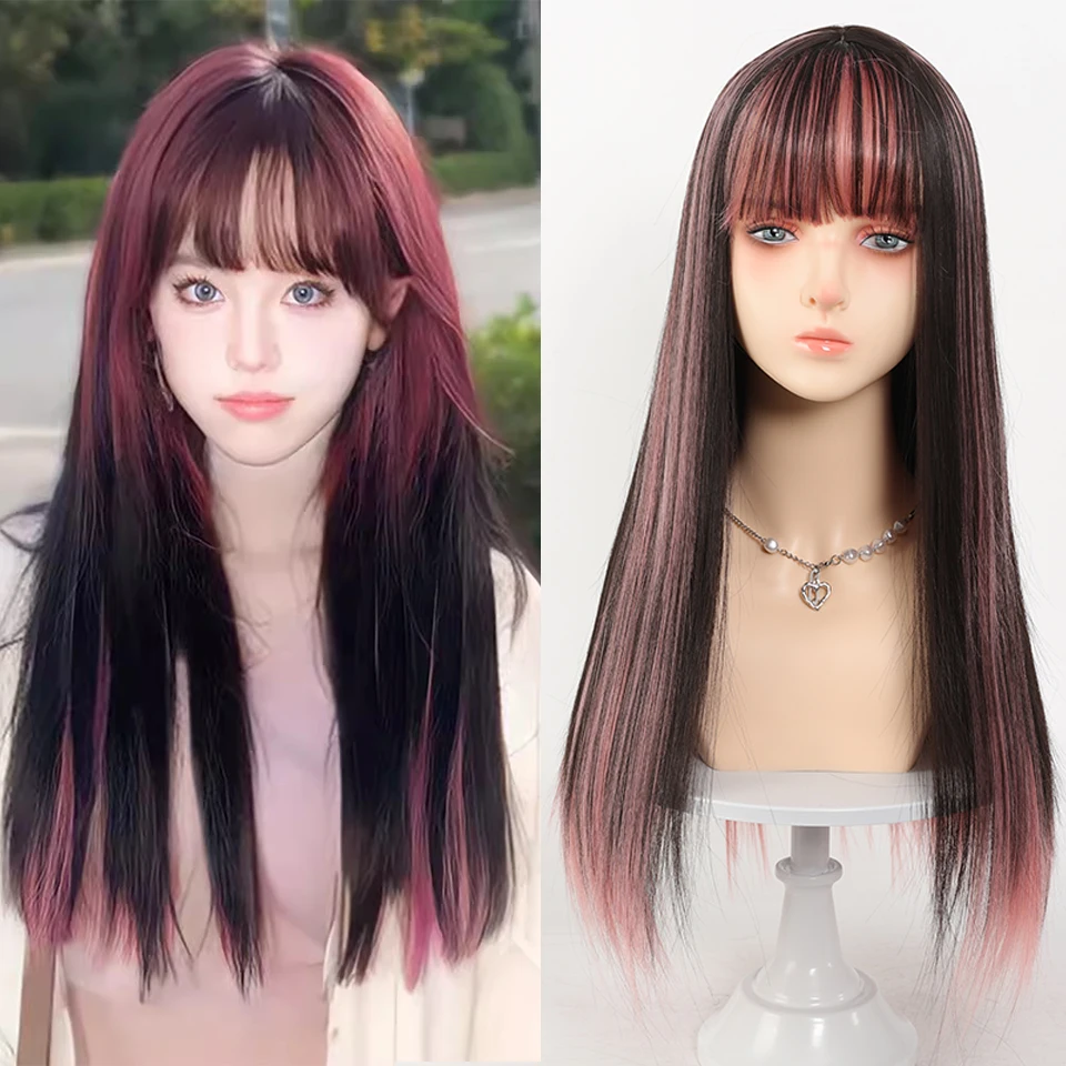 Lolita Wig Female Long Hair Black Highlights Pink With Bangs Straight Hair Party Everyday Wear.