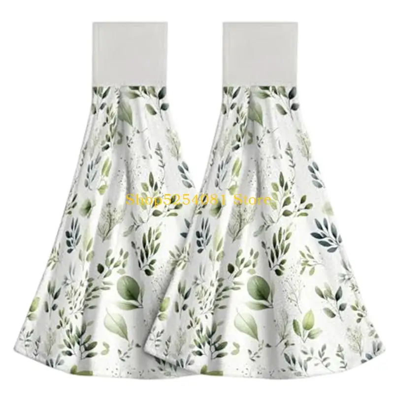 AXYC Leaf Pattern Kitchen Hanging Towel Decoraive Hand Tie Towels with Loop & Hook Soft Washcloth Set of 2 for Spa Gym Bath